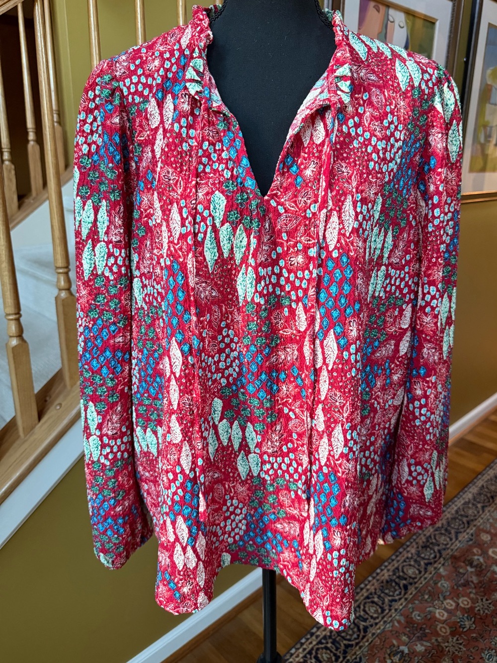 LOFT Retro Red, Blue & Green Patterned Blouse (Sz XL)